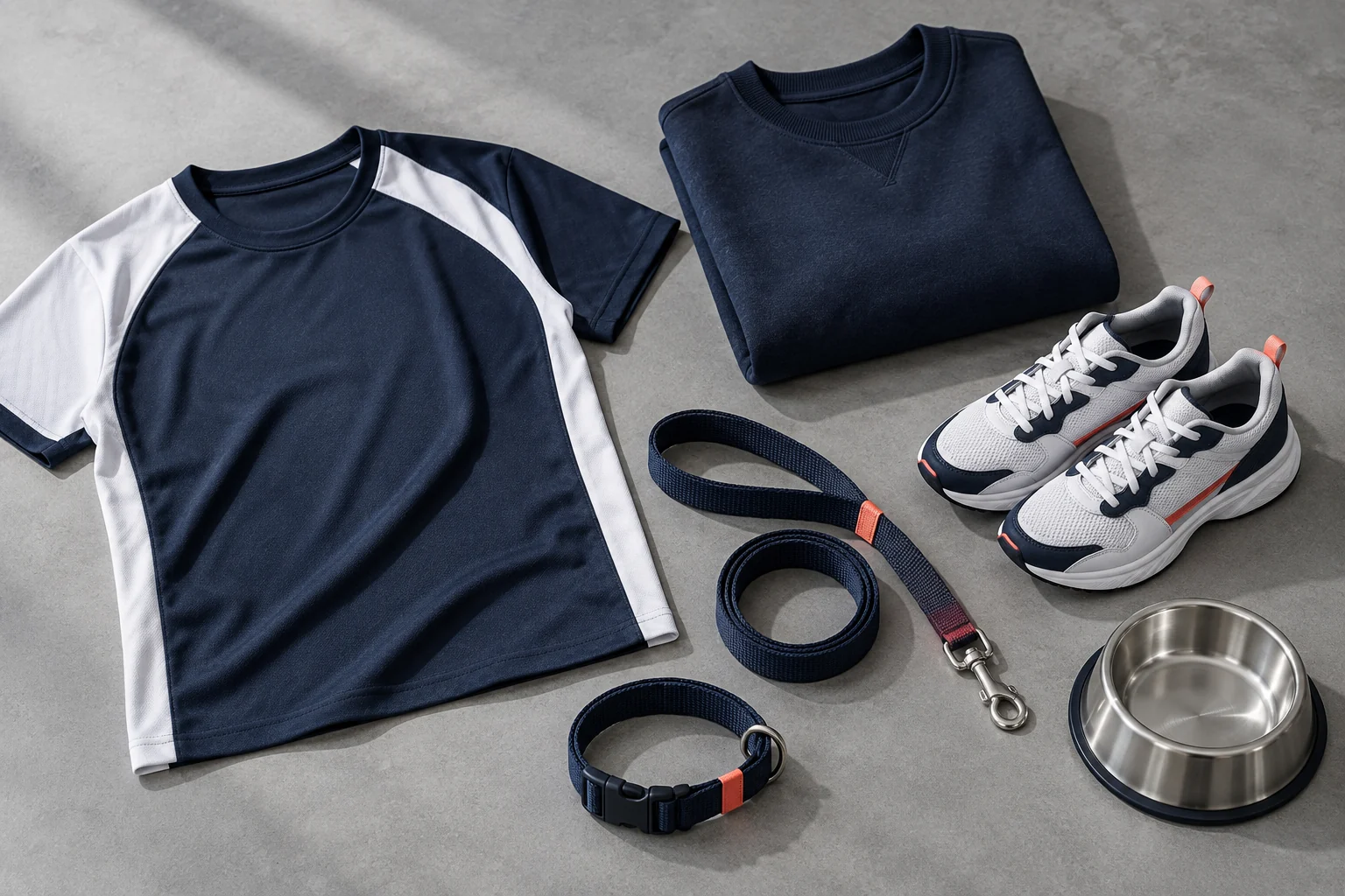 Illustrative arrangement of unbranded sportswear, trainers, a pet lead, collar and bowl